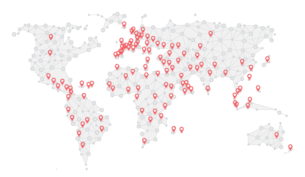 Map of the world with pins showing KERB's locations